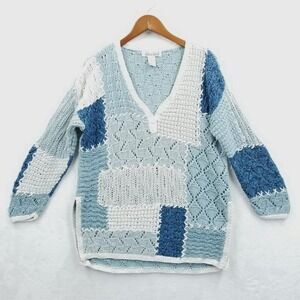 Vintage‎ Sweater Women M Blue Open Knit Crochet Patchwork Oversize Tunic 80's